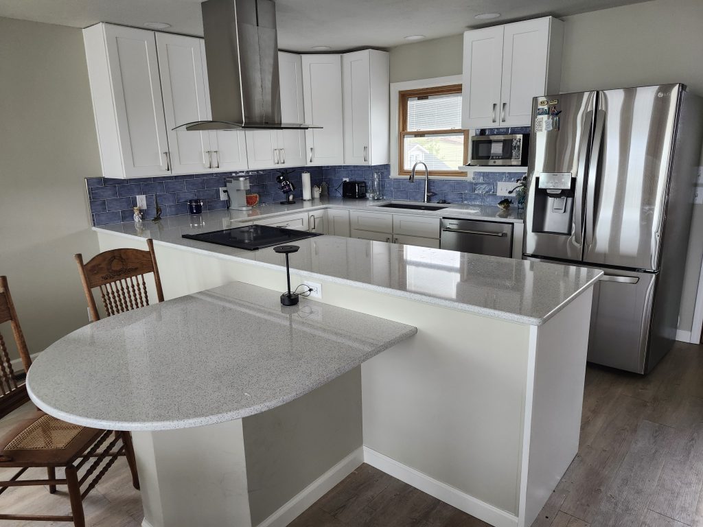 randa white kitchen curved peninsula island quartz countertops